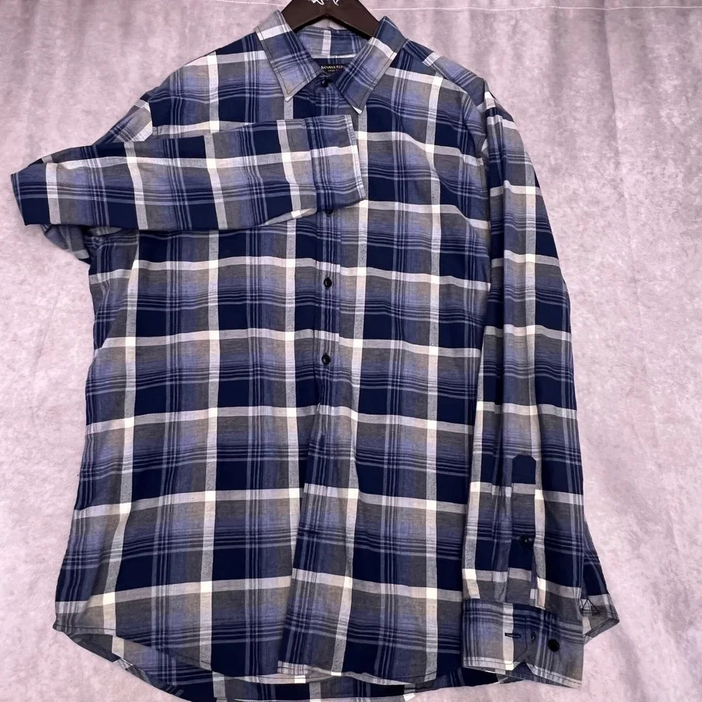 Banana Republic Luxe Flannel Shirt Mens XL Blue Plaid Exc Long Sleeve Cotton